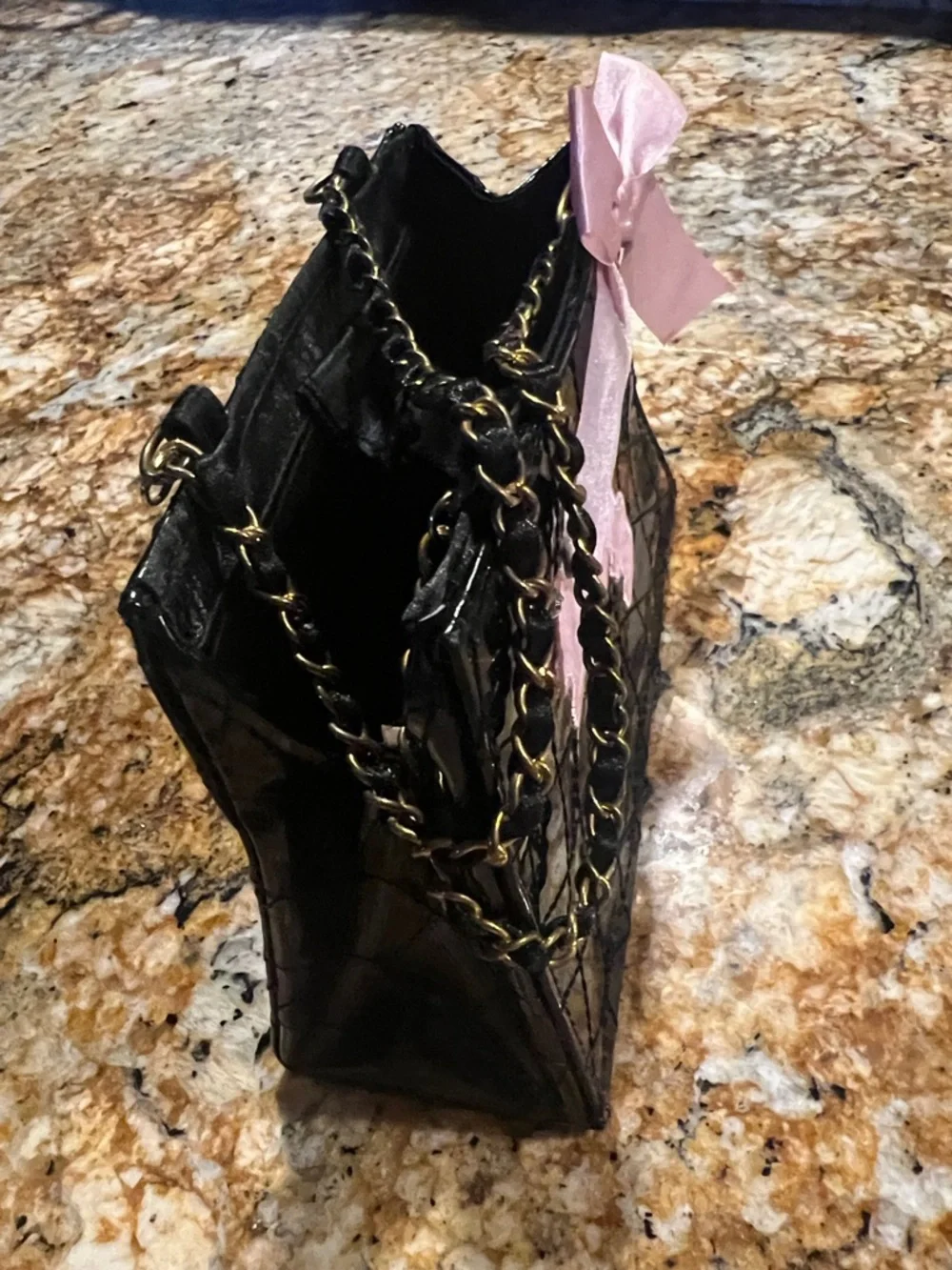 Small bag Patent Black with Pink Poodle Patch and Bow